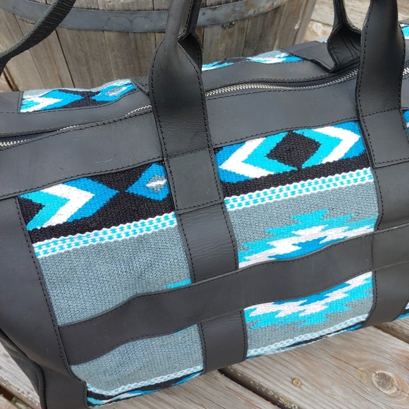 Handmade Saddle Blanket leather duffel bag black turquoise travel boho - Picture 8 of 12